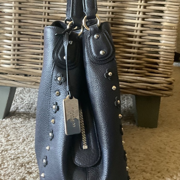 Coach Edie Floral Rivets Navy Shoulder Bag - Picture 3 of 6